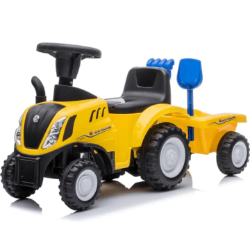 Trator de passeio New Holland com reboque amarelo